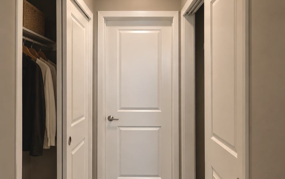 Primary bedroom in the 1B2 apartment at The Swift at Petworth featuring abundant natural light and generous closet space