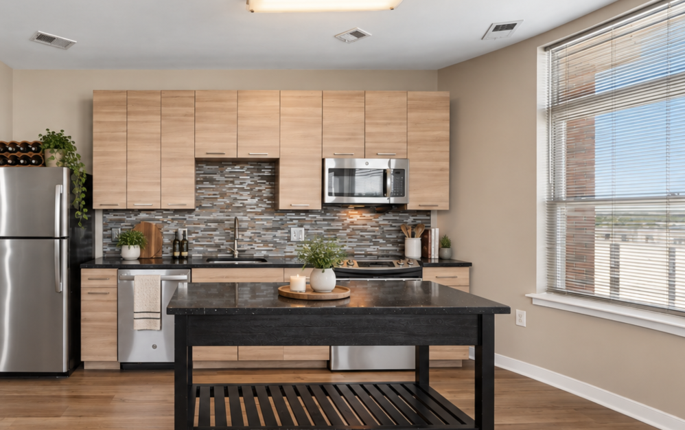 Modern apartment kitchen with stainless steel appliances, island seating, and large windows at The Swift at Petworth in DC.