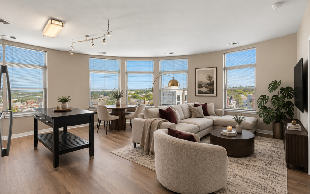 Spacious two-bedroom apartment living room with curved wall of oversized windows and modern furnishings at The Swift at Petworth.