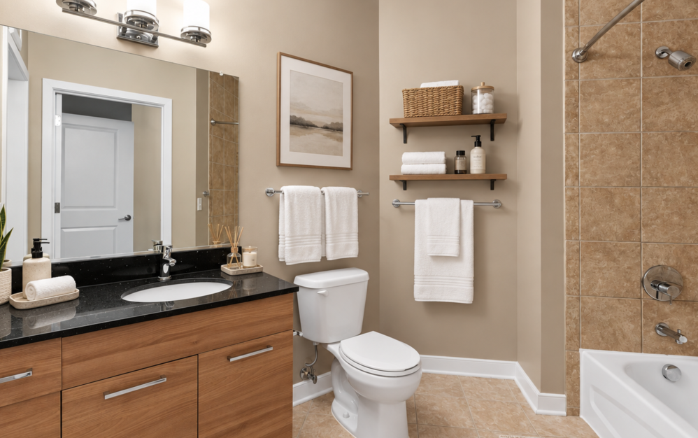 Modern apartment bathroom with wood-tone vanity, black countertop, and tiled bathtub and shower at The Swift at Petworth in DC.