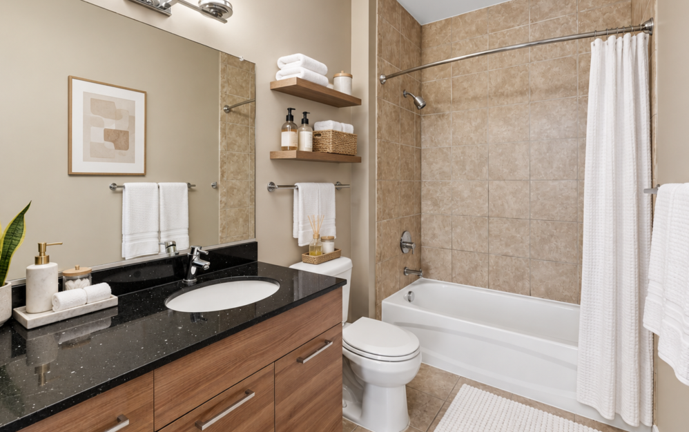 Apartment bathroom featuring a contemporary vanity, built-in shelving, and tiled tub and shower at The Swift at Petworth.