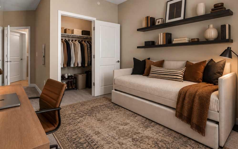 Bright two-bedroom apartment interior featuring a furnished bedroom, large window, and contemporary decor at The Swift at Petworth.