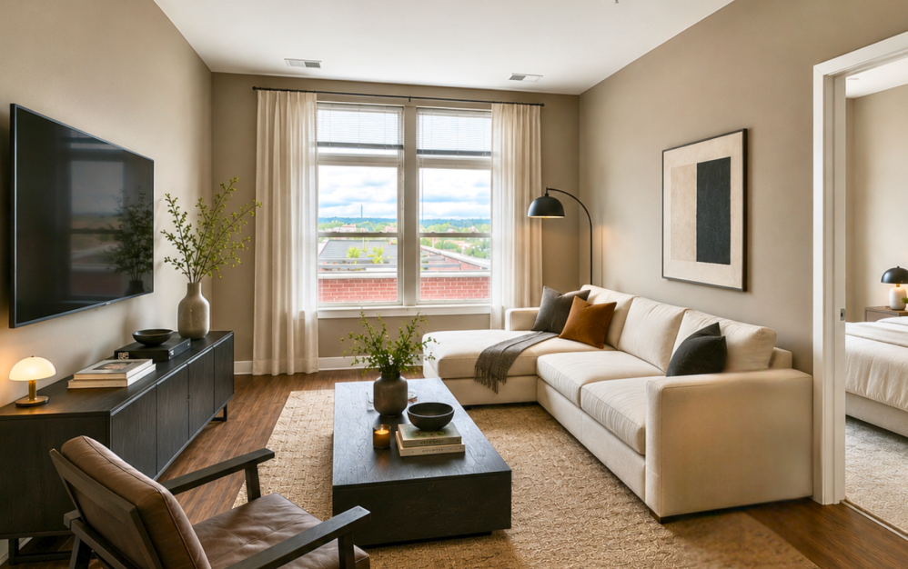 Spacious living room in the 1B2 one-bedroom apartment at The Swift at Petworth with oversized windows and modern finishes in Washington, DC