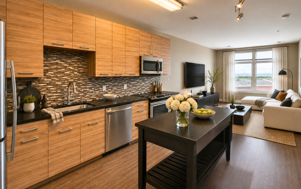 Modern kitchen with contemporary cabinetry in the 1B2 one-bedroom apartment at The Swift at Petworth in Petworth, DC