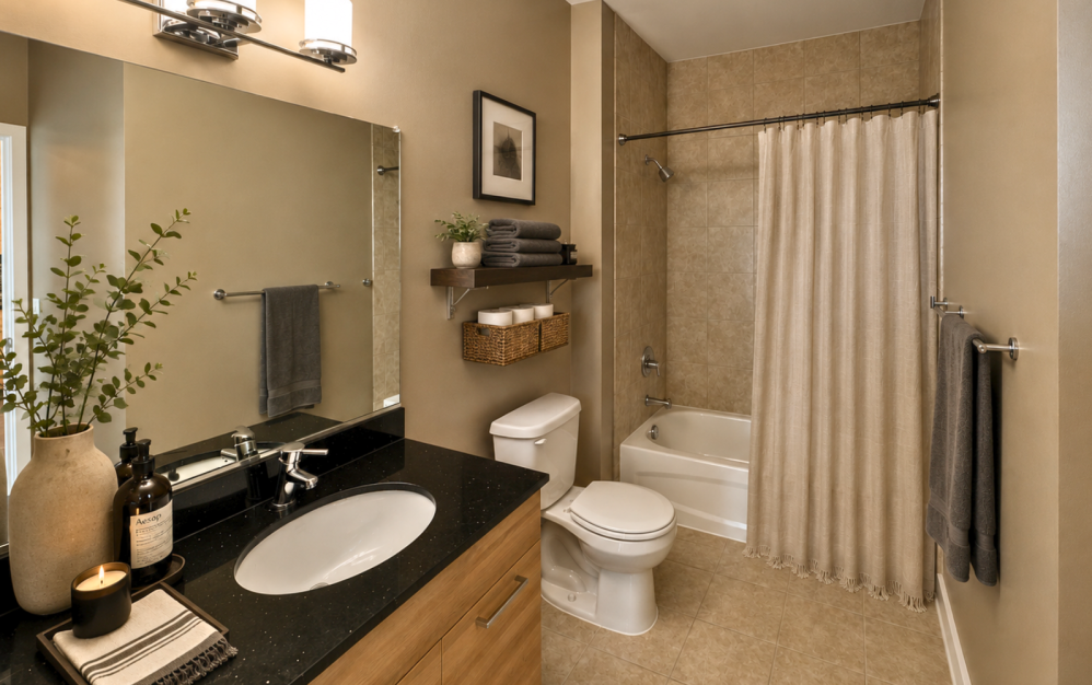 Modern bathroom in the 1B2 one-bedroom apartment at The Swift at Petworth in Washington, DC