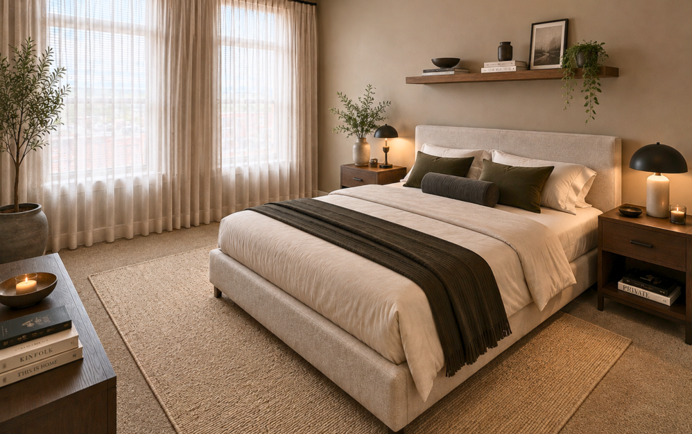 Spacious bedroom with large windows in the 1B2 one-bedroom apartment at The Swift at Petworth