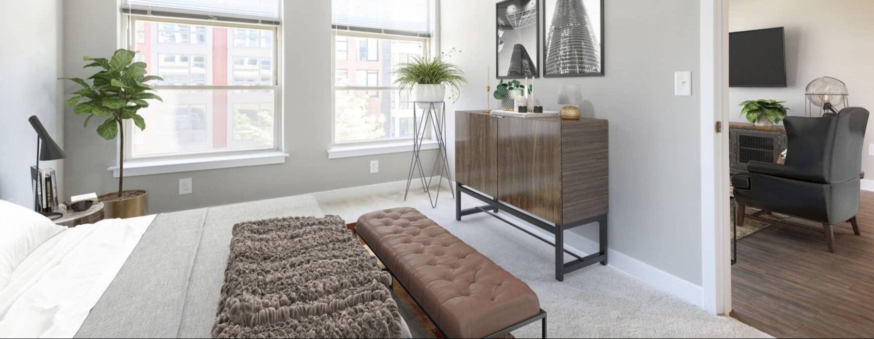 a bedroom with a a bed and a dresser